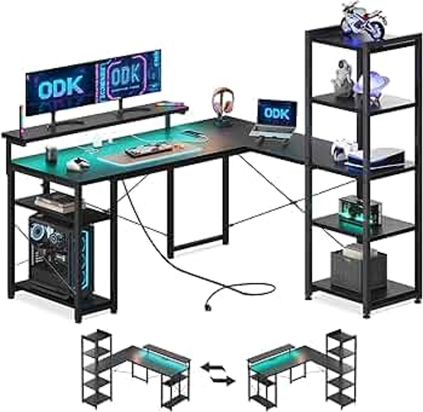 ODK L Shaped Desk with LED Lights & Power Outlets, Reversible Computer Desk with Shelves, Reversible Home Office Desk, Black, 140×137 cm