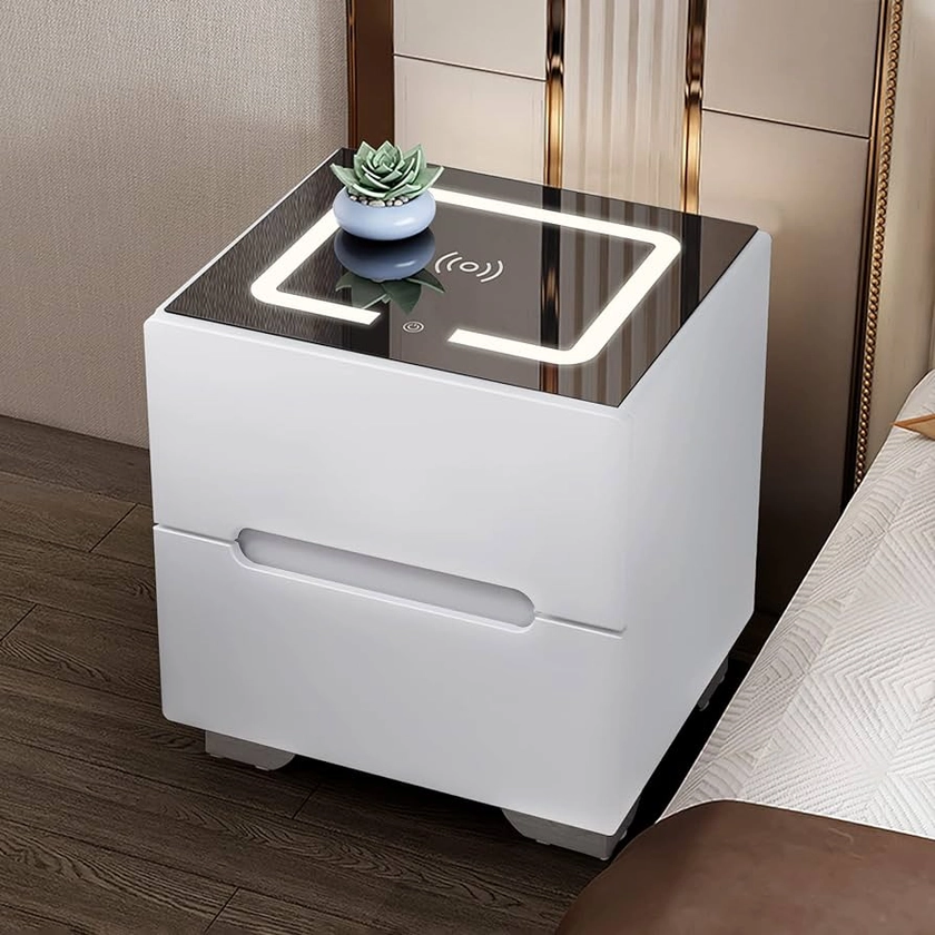 TUKAILAi Bedside Table with 3 Color LED Lights Bedside Table with Wireless Charging Station 2 Drawers Smart Nightstand Black Glass Top for Bedroom Living Room : Amazon.co.uk: Home & Kitchen