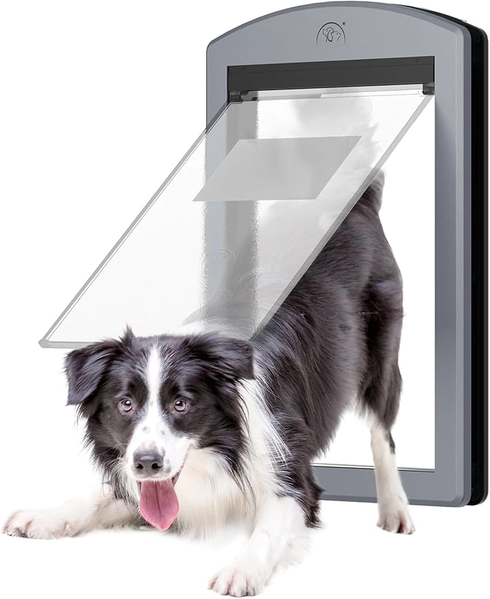 MAVRICFLEX Dog Door for Large Dogs, Smoky Gray Frame Door for Large Dogs and Pets, Plastic Doggy Door and Medium Pets with Sliding Lock Panel and Magnetic Flap, Doggie Door