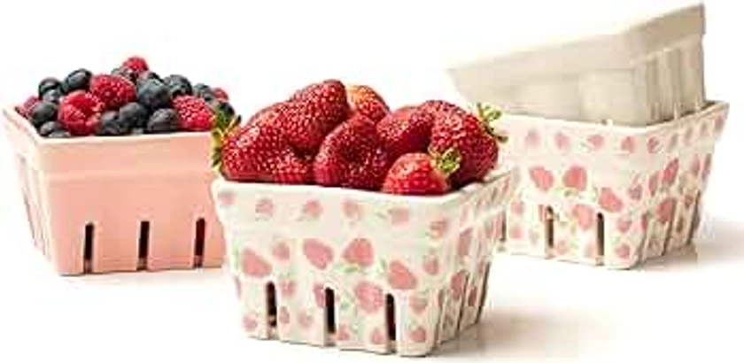 Farmhouse Ceramic Berry Basket, Colander, Strawberry Decor, Fruit Bowls/Baskets, Kawaii Kitchen bowl, Pink White and Cute Strawberry pattern Stoneware Harvest Square Bowls Set of 4