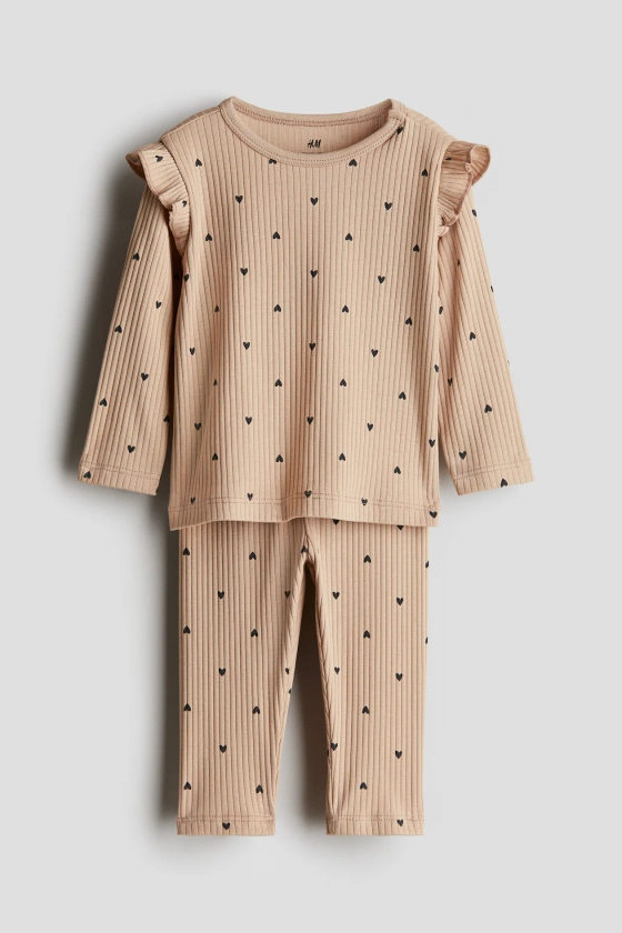 Ensemble côtelé en coton - Beige/cœurs - ENFANT | H&M FR