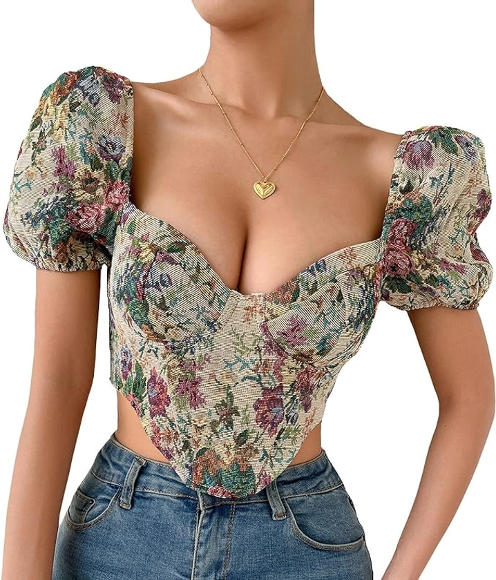 sujinxiu Damen Blumenstickerei Korsett Bustier Crop Top Sexy Vintage Stickerei bedruckt Puff Kurzarm Top Slim Fit Korsett Crop Top Party Club Streetwear : Amazon.de: Fashion