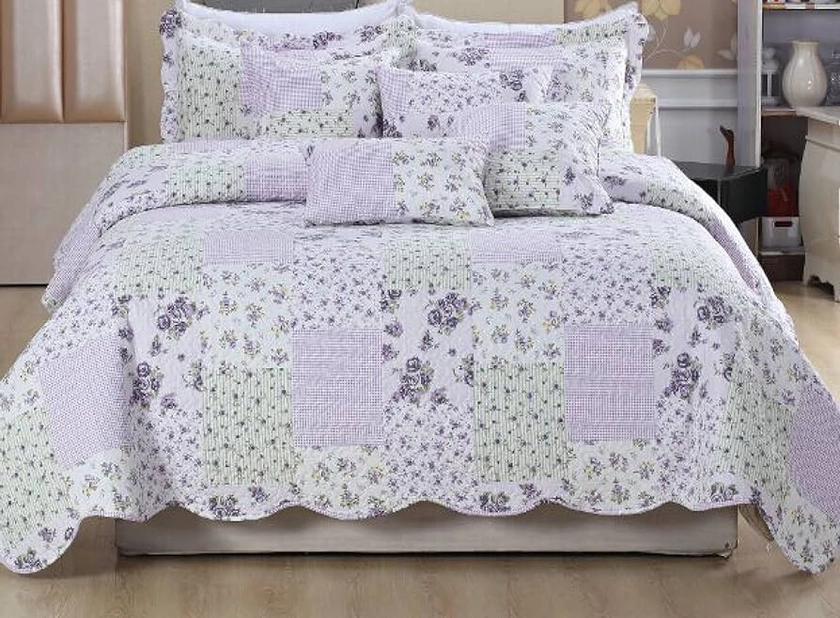 Prime Linens Luxury Quilted Patchwork Bedspread Bed Throw 3 Piece Bedding Set Includes Comforter & 2 Pillow Shams Floral Design Coverlet Embroidered (Province, King)