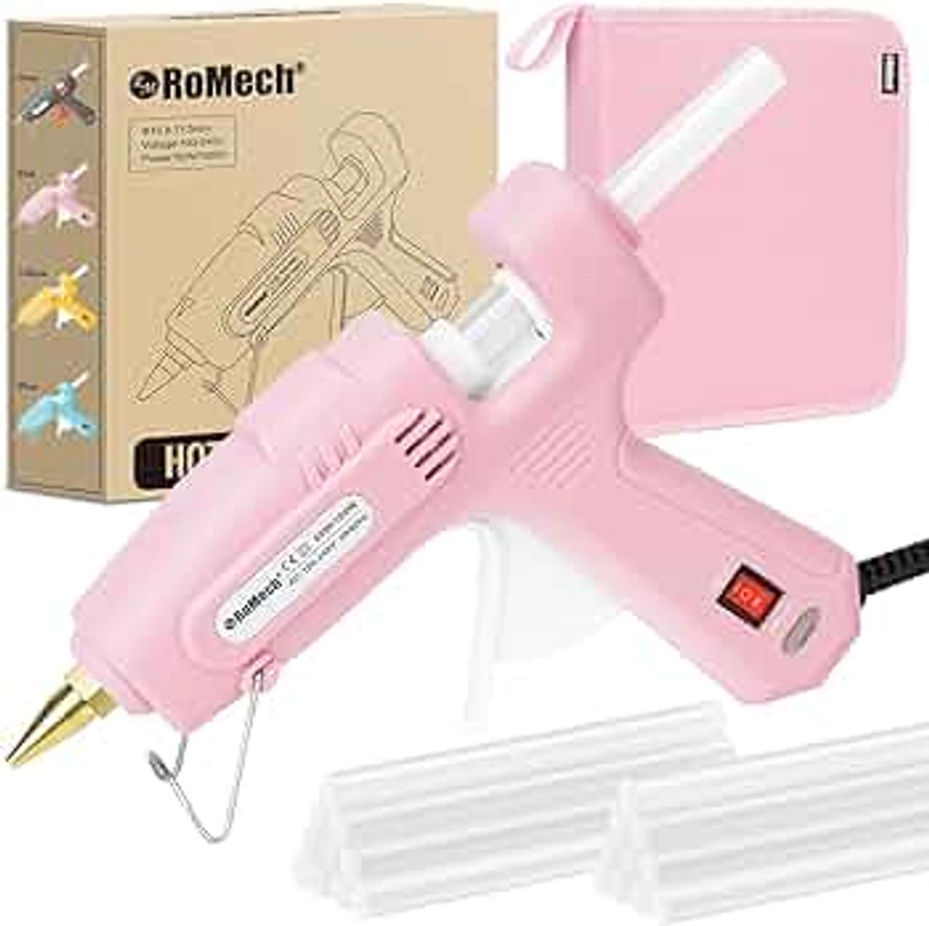 ROMECH Full Size Hot Glue Gun with 60/100W Dual Power and 21 Hot Glue Sticks (7/16"), Fast Preheating Heavy Duty Industrial Gluegun with Storage Case for Crafting, DIY and Repairs (Pink)