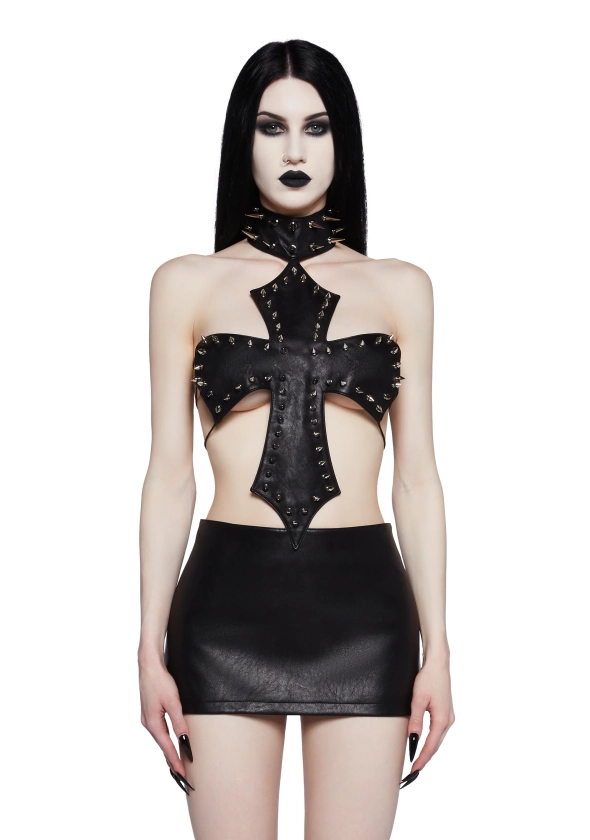 Widow Cross Shaped Top And Mini Skirt Dress With Spikes Metal - Black