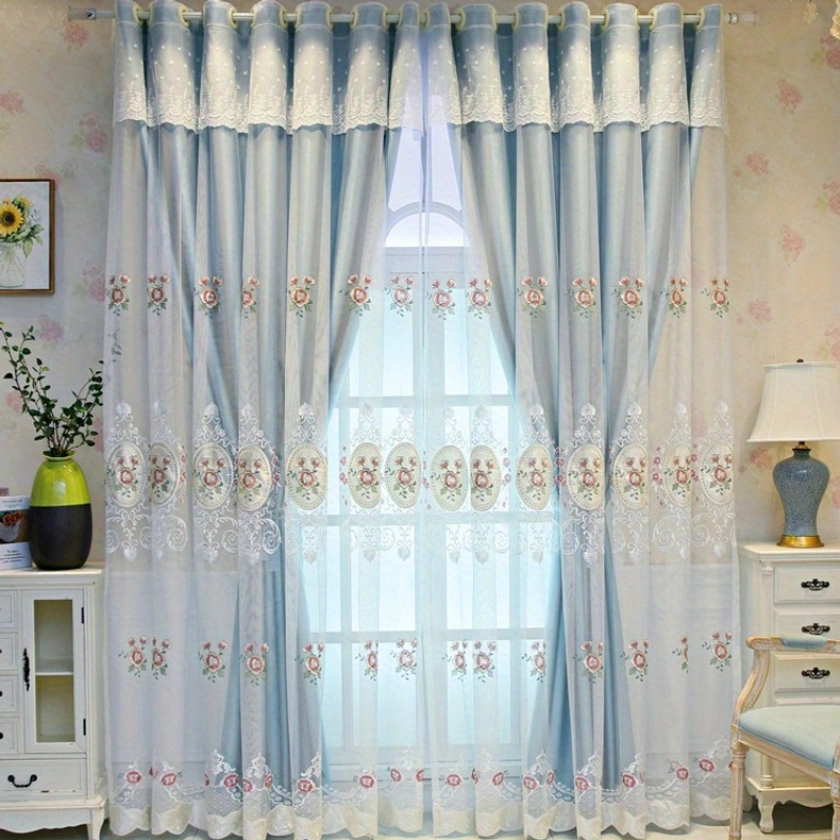 "Versatile Use" 2-Piece Luxury Floral Double-Layer Curtain Set With Gauze - Blackout & Sheer Window Drapes For Living Room, Bedroom, Office - Elegant Home Decor