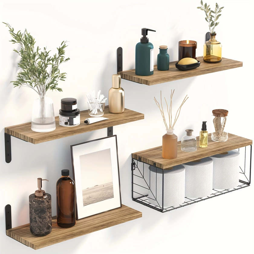 4pcs Wooden Bathroom Shelves, Durable Floating Shelves With Wire Storage Basket, For Bedroom Kitchen Living Room Plants Bathroom, Ideal Home Supplies,