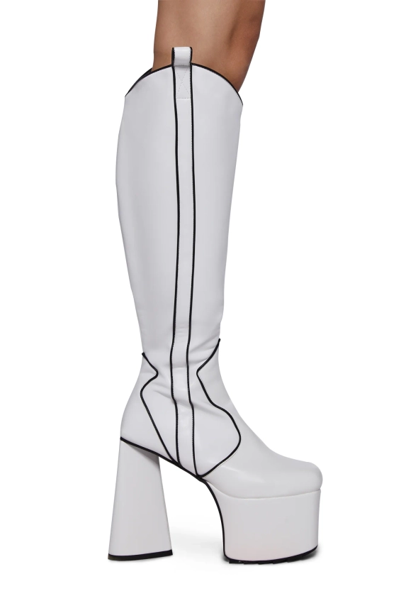 Lamoda Heart Heel Knee High Cowboy Boots - White