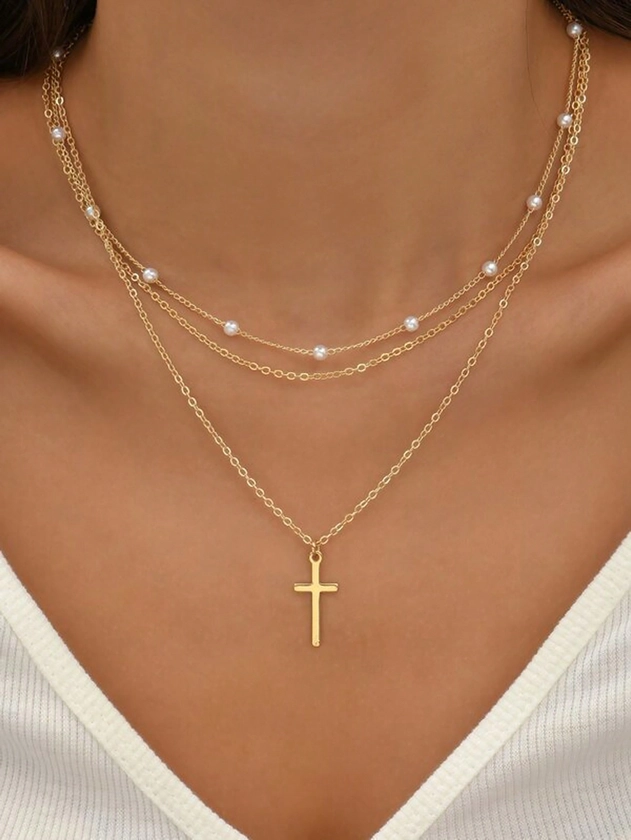 2pcs Creatively Designed Multi-layered Faux Pearl Collarbone Chain With Cross Pendant Necklace For Layered Look