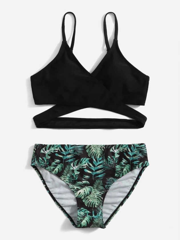 Tween Girl Contrast Tropical Print Crossover Bikini Swimsuit