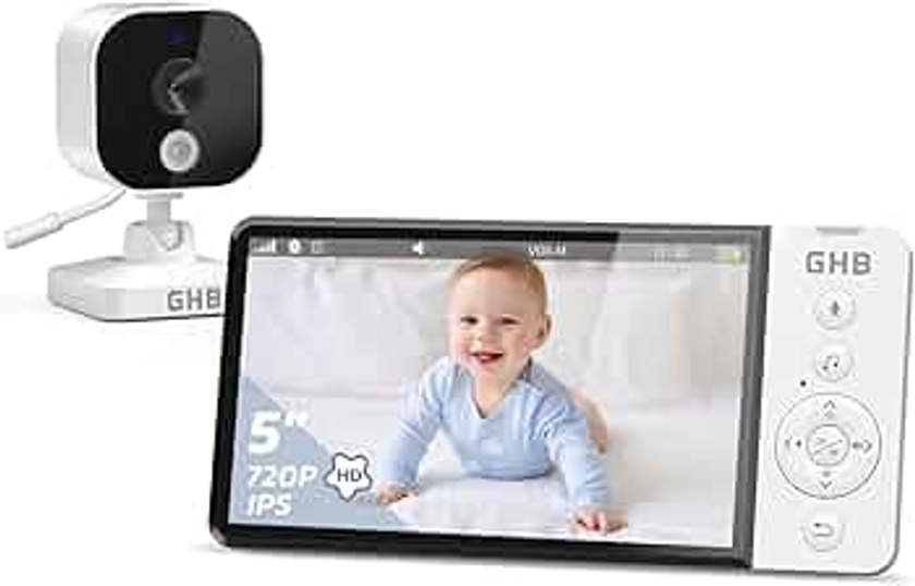 GHB Babyphone Camera 5" Camera Bebe 720P HD 5000mAh Écran IPS Vision Nocturne VOX Capteur de Température