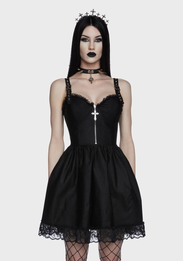 Widow Zip Up Cross Charm Bustier Mini Dress - Black