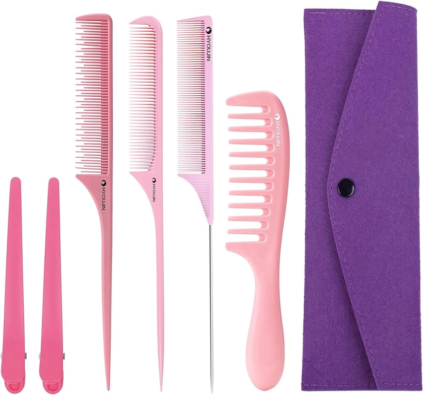 HYOUJIN 7 pcs Hair Comb Set Rat Tail Parting Combs Carbon Wide and Fine Tooth Comb Brush Cutting Comb Professional Styling Hair Combs for Women,Men Accessories with Clips Pink