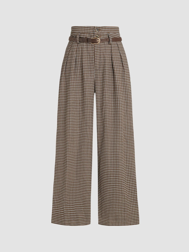 Houndstooth High Waist Belted Wide Leg Trousers