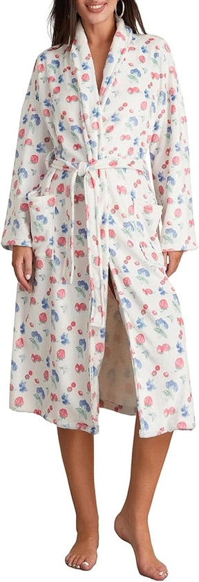 Owl's-Yard Women's Soft Summer Dressing Gown Floral Fruit Print Plush Shawl Collar Bathrobe Warm Lounge Robe with Belt (A-White, L) at Amazon Women’s Clothing store