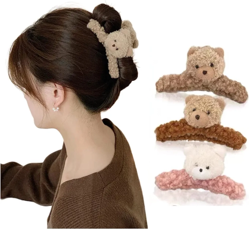 3 Pcs 4.72 Inch Large Hair Claw Clips Cute Fluffy Plush Bear Hair Catch Barrette Jaw Clamp for Women Girls Strong Hold Half Bun Hairpins for Thick Thin Hair Stylish Curly Hair Accessories