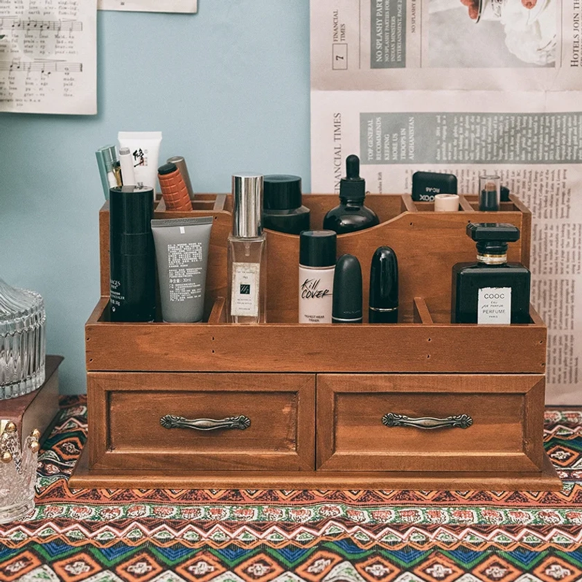 Organizador de escritorio de madera Vintage Premium, soporte de almacenamiento de maquillaje con 2 cajones para decoración de granja del hogar, caja de almacenamiento creativa