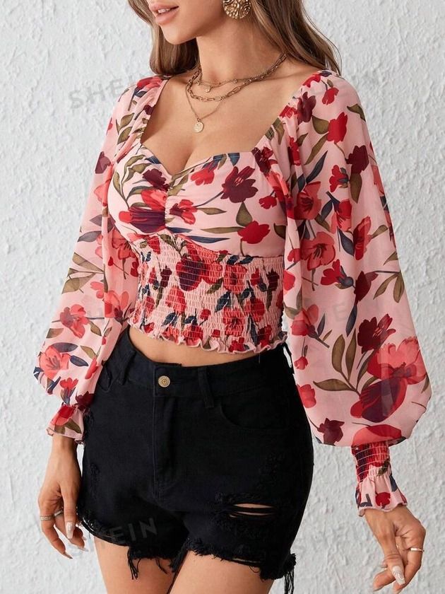 SHEIN Privé Floral Print Sweetheart Neck Flounce Sleeve Ruched Bustier Crop Blouse