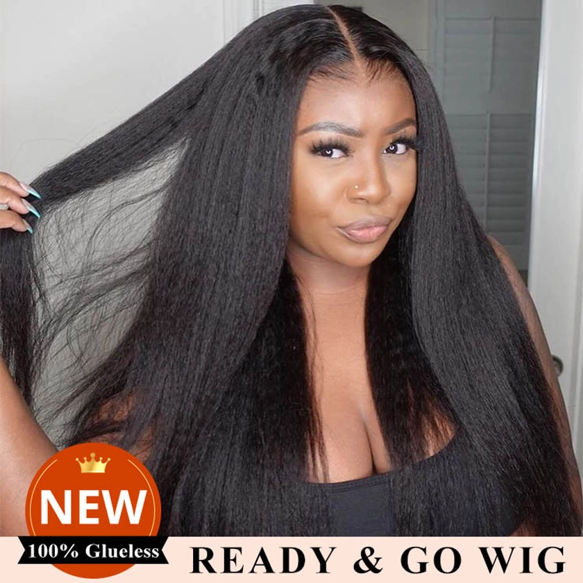 Ready And Go Wig-Glueless Kinky Straight Wigs Pre-Cut Lace With Adjustable Elastic Band