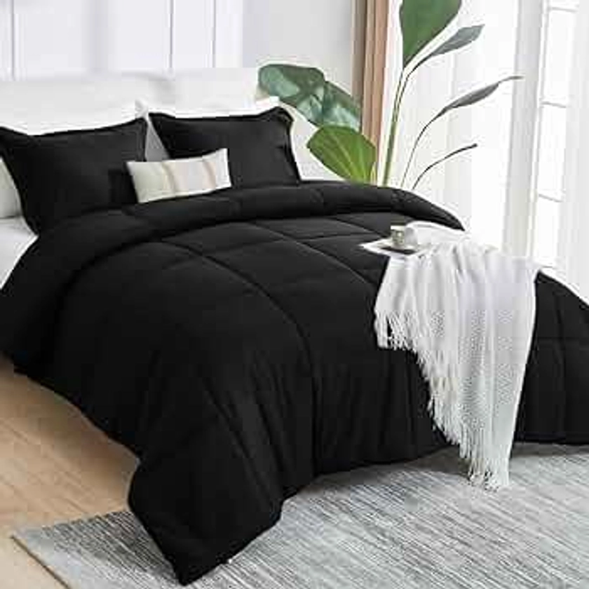 CozyLux Queen Comforter Set - Black Comforter Queen Size, 3 Pieces Box Stitched Bed Set for All Seasons, Soft Lightweight Bedding Sets with 1 Down Alternative Comforter and 2 Pillow Shams