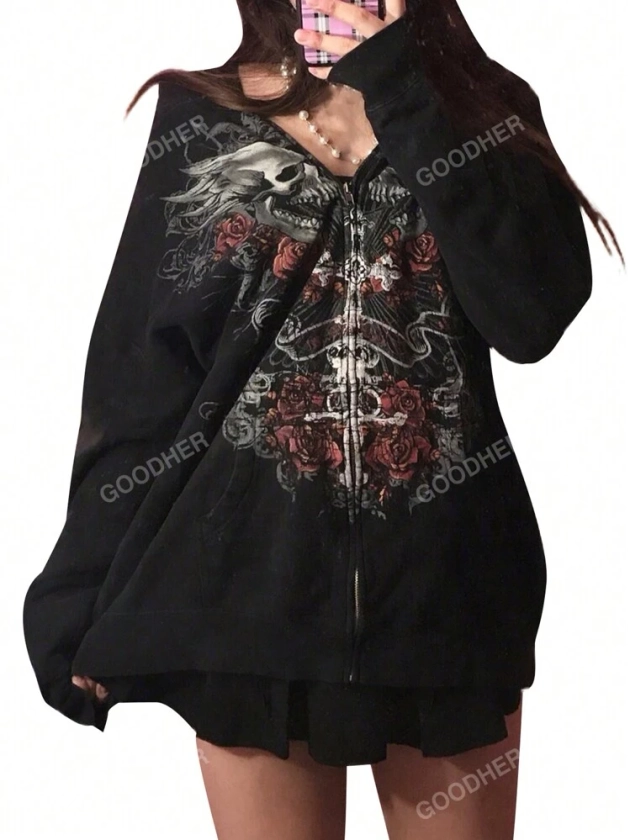 Women's Skull Printed Hooded Sweatshirt With Zipper