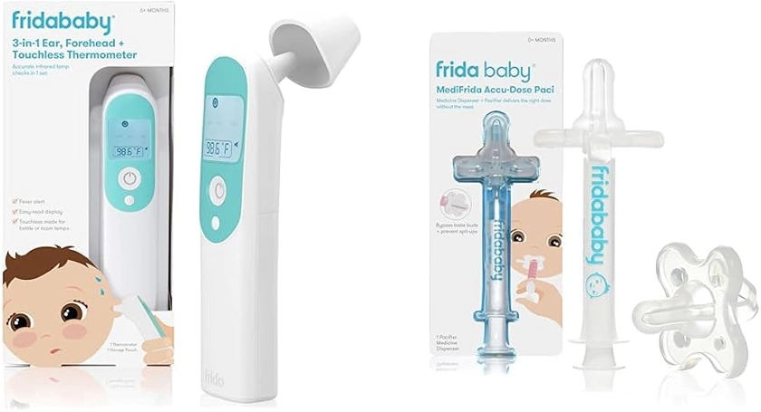 Amazon.com: Frida Baby Termômetro, termômetro infravermelho 3 em 1 para orelha, testa e sem toque + chupeta Frida Baby Medicine, seringa medicinal e chupeta Accu-Dose : Bebê