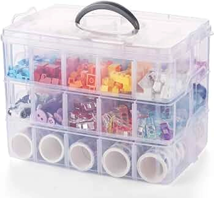 Anstore Craft Storage Box with Compartments, 3-Tier 30 Sections Transparent Stackable Plastic Box Organiser with Handle, Practical Sorting Box for Crafts, Jewelry, Toy, Sewing Accessories(Medium)