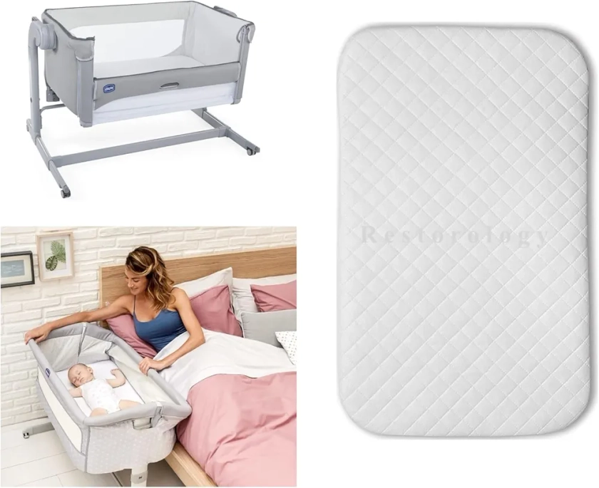 BUY ALL HERE Next2Me Matelas en mousse | Compatible pour lit de bébé Chicco Next to Me - Lavable en machine - Hypoallergénique - Respirant - 83 x 50 x 5 cm, Blanc, Toddler