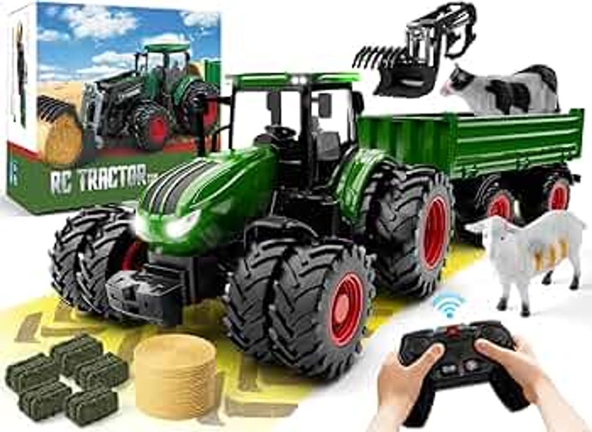 Remote Control Tractor Toy, Kids RC Tractor Set & Truck and Trailer Front Loader - Metal Car Head/8 Wheel/Light, Toddlers Farm Vehicle Toys for 3 4 5 6 7 8 9 Year Old Boys Girls Birthday Gift