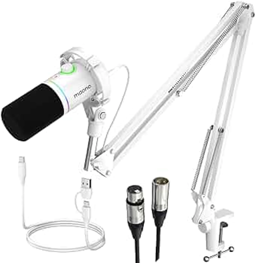 MAONO XLR/USB Dynamic Microphone and 20FT XLR Mic Cable Kit, RGB Podcast Mic with Software, Mute, Gain Knob, Volume Control, Boom Arm for Streaming, Gaming, Voice-Over, Recording-PD200XS White