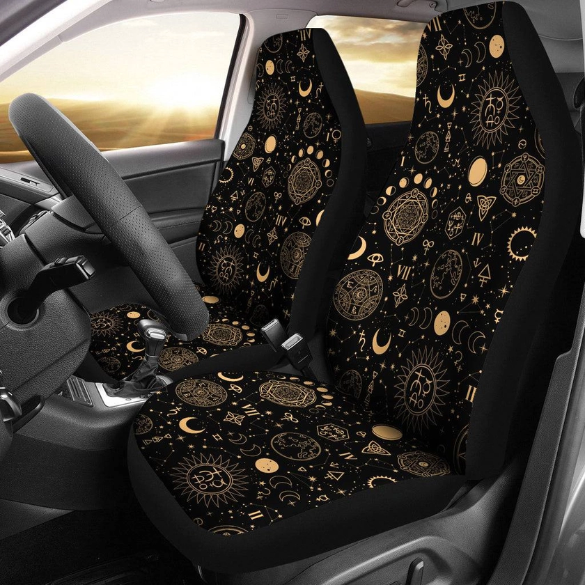 Cute Car Seat Covers - Black And Sand Celestial (Set of 2) | Raiana’s Vibes