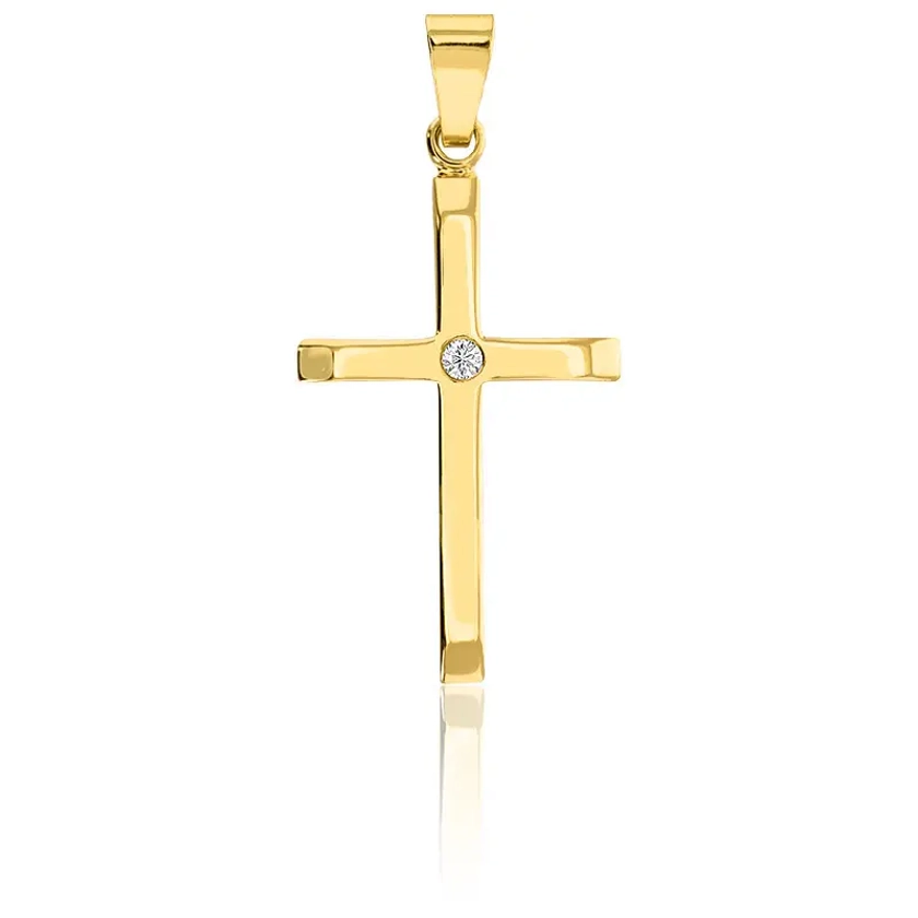 Pendetif croix latine Or Jaune 750 et diamant 0,02 ct. W/P1