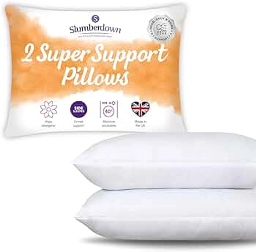 Slumberdown Pillows 2 Pack - Super Support Firm Side Sleeper Bed Pillows for Neck and Shoulder Pain Relief - Comfy & Supportive, Hypoallergenic, Made in the UK, Standard Size (48cm x 74cm)