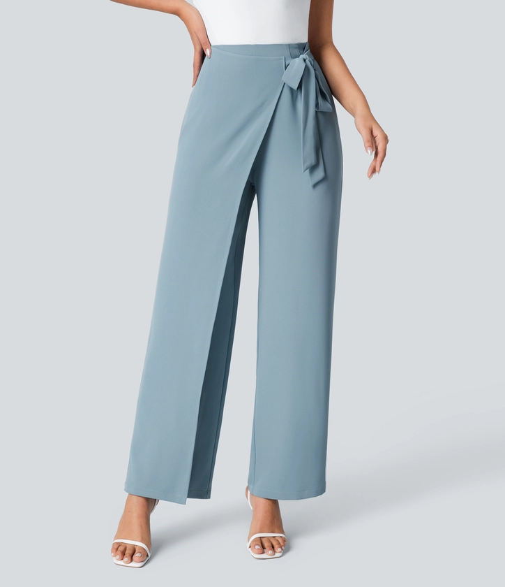 High Waisted Tie Side Invisible Zipper Wide Leg Work Pants