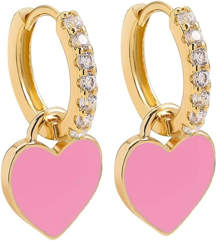 Preppy Love Heart Hoop Earrings for Women Teen Girls Gold Plated Cubic Zirconia CZ Charms Dangle Drop Huggie Small Hoops Cartilage Earring Fashion Colorful Birthday Y2K Jewelry Cute Gifts