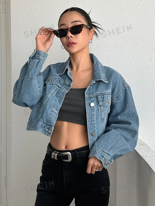 DAZY Giacca Cropped In Denim Con Spalla Cadente