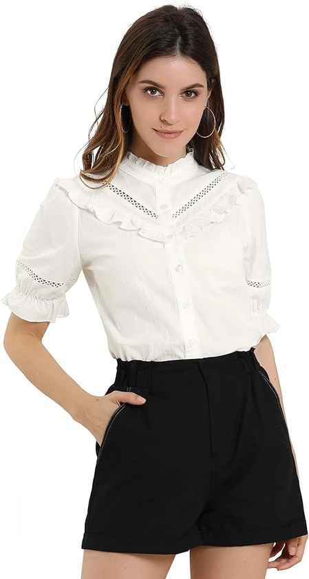 Allegra K Women's Button Down Shirt Cotton Short Sleeve Ruffle Stand Collar Lacework Work Blouse Top