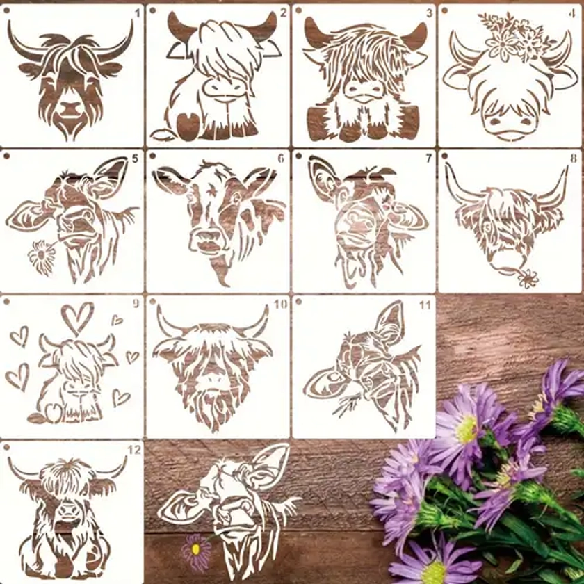 12pcs COW Cow Head * Print Stencils For Crafts Rock Paint Template Plastic Reusable Stencils For Painting On Wall Tile Shirt Canvas Burn