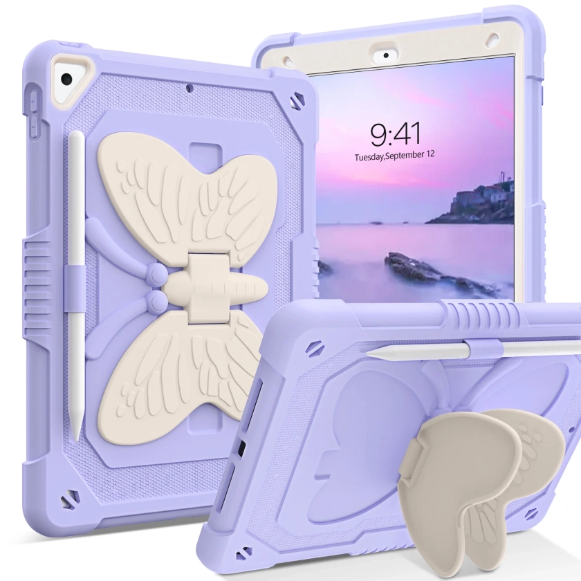 BENTOBEN For iPad 9th 8th 7th Generation Case with Kickstand Butterfly Wings Pencil Holder, iPad 10.2 Heavy Duty Hard Rugged Protective Cover Kids Girls for iPad 9th/8th/7th Gen ,Purple