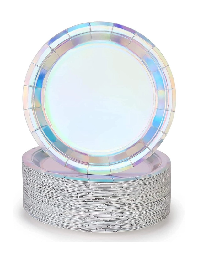 30pcs/set Paper Disposable Plate, Holographic Disposable Round Paper Plate For Party
