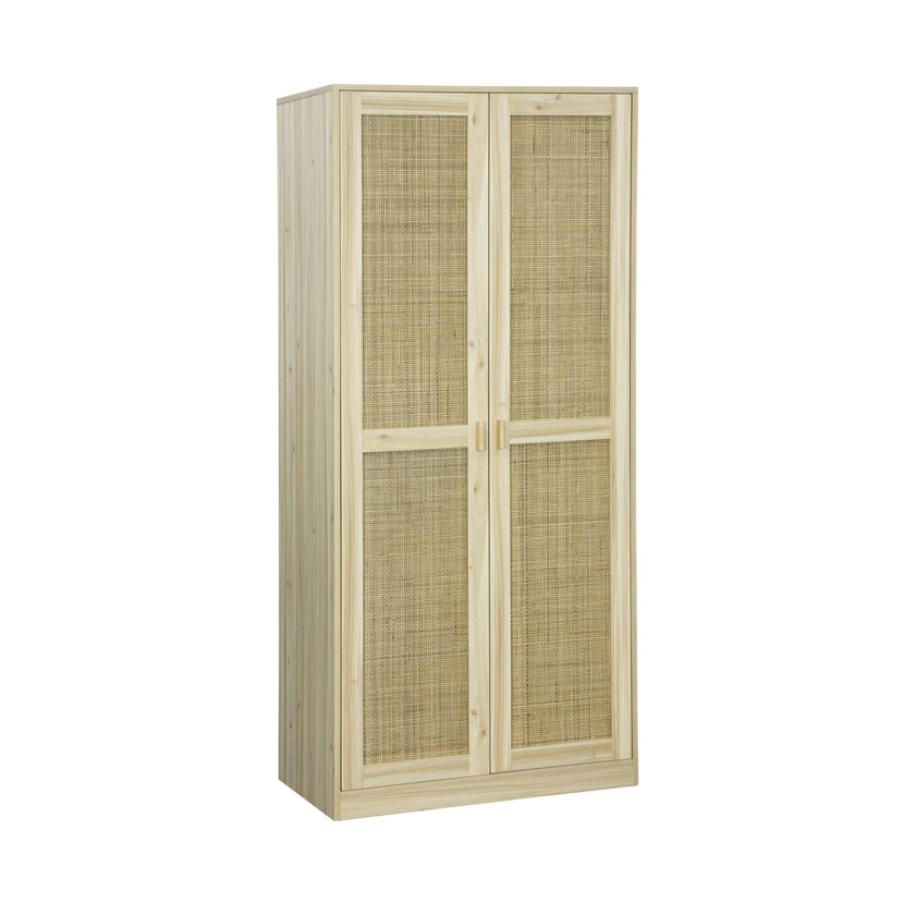 Armoire dressing cannage et effet bois, 2 portes avec penderie et rangements CAMARGUE