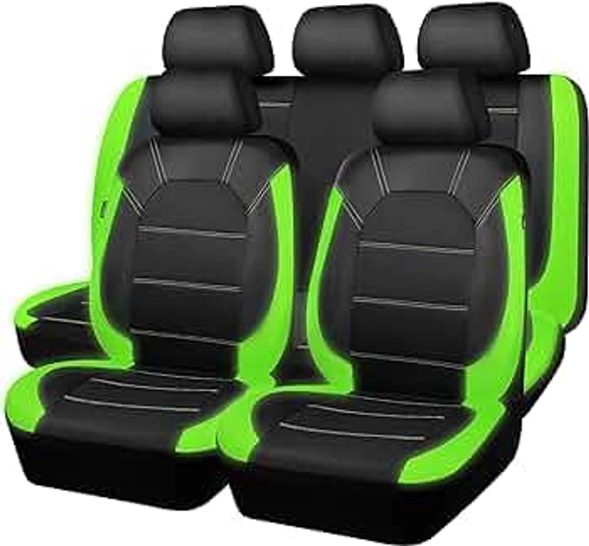 CAR PASS® Luminous Green Leather seat Covers Universal Sport car seat Cover, 5mm Composite Sponge Inside, Airbag Compatible fits Most Cars, SUVs,Trucks,Vans (Full Set,Black with Green)