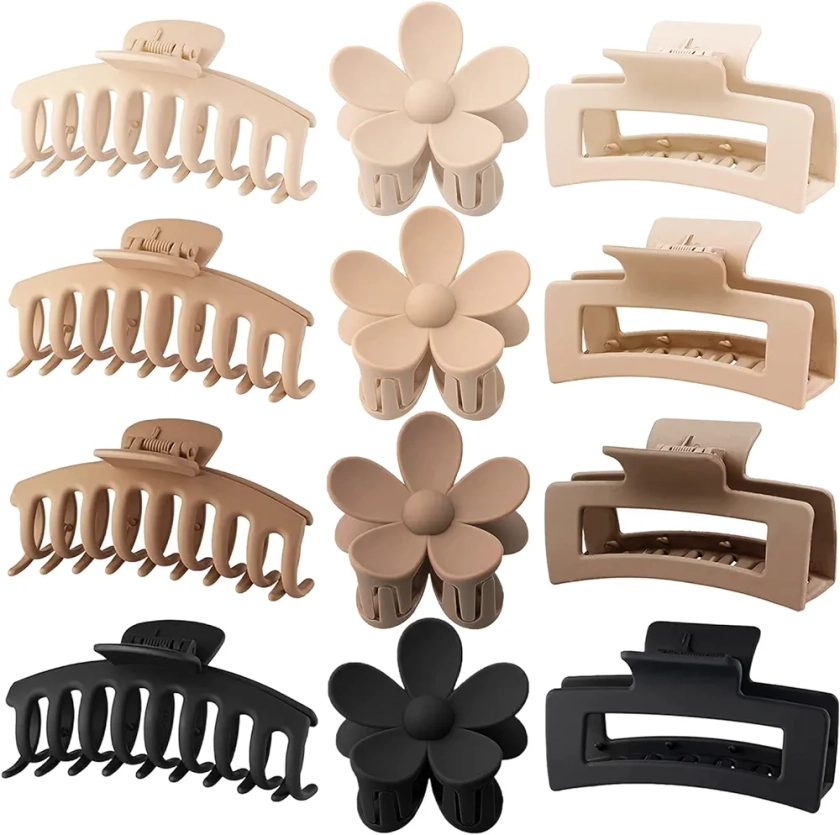 12 Pack Large Hair Claw Clips 4.3 Inch Rectangle Hair Claw Clips Flower Hair Clips for Women Thick Hair, Matte Hair Clip Banana Claws Clips Strong Hold jaw clips, 3 Styles Claw Clips Neutral Colors