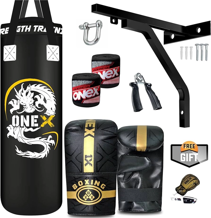 ONEX Heavy Filled Boxing Punch Bag Set Gloves Bracket MMA Pad Punching Kick Bag 13Pcs 3ft – 4ft - 5ft With Straps