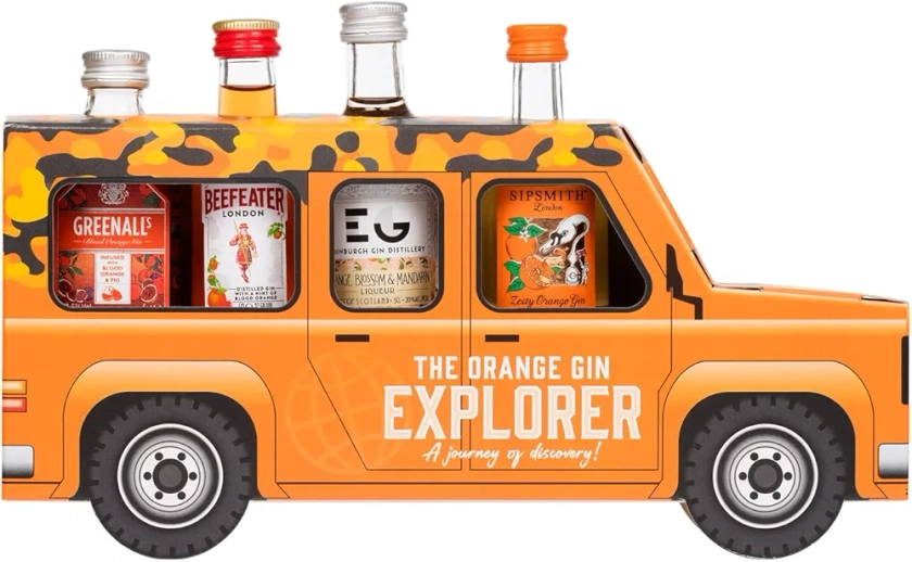 The Orange Gin Explorer Jeep Gift Box includes 4 flavoured Gins 5cl - Novelty Gift Set by Blue Tree Gifts