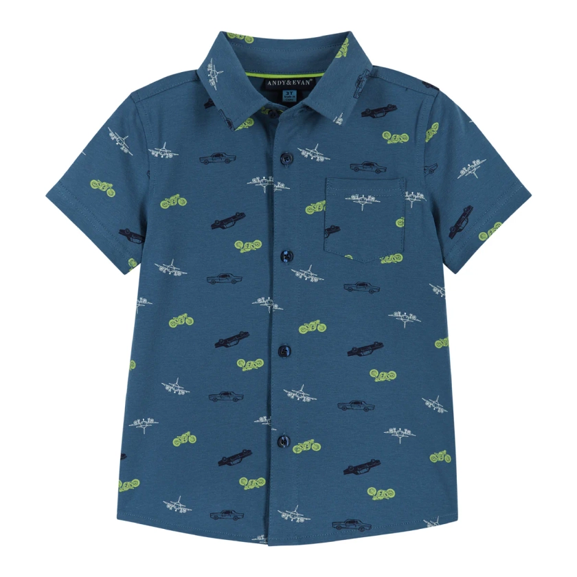 Short Sleeve Knit Buttondown Shirt | Vehicles Print | Blue