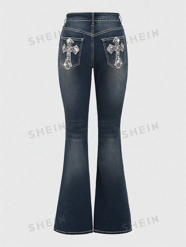 ROMWE Goth Plus Size Casual Cross Embroidery Slim Fit Flare Jeans