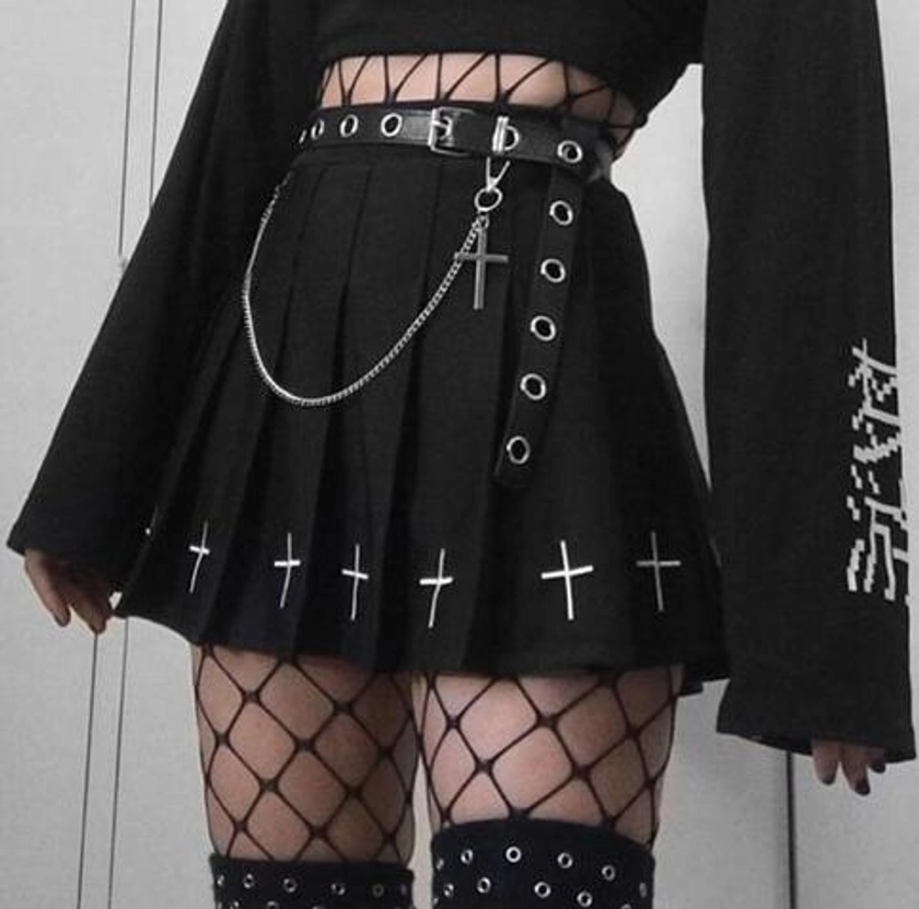 Gothic Black Pleated Skirt With Criss-cross embroidery