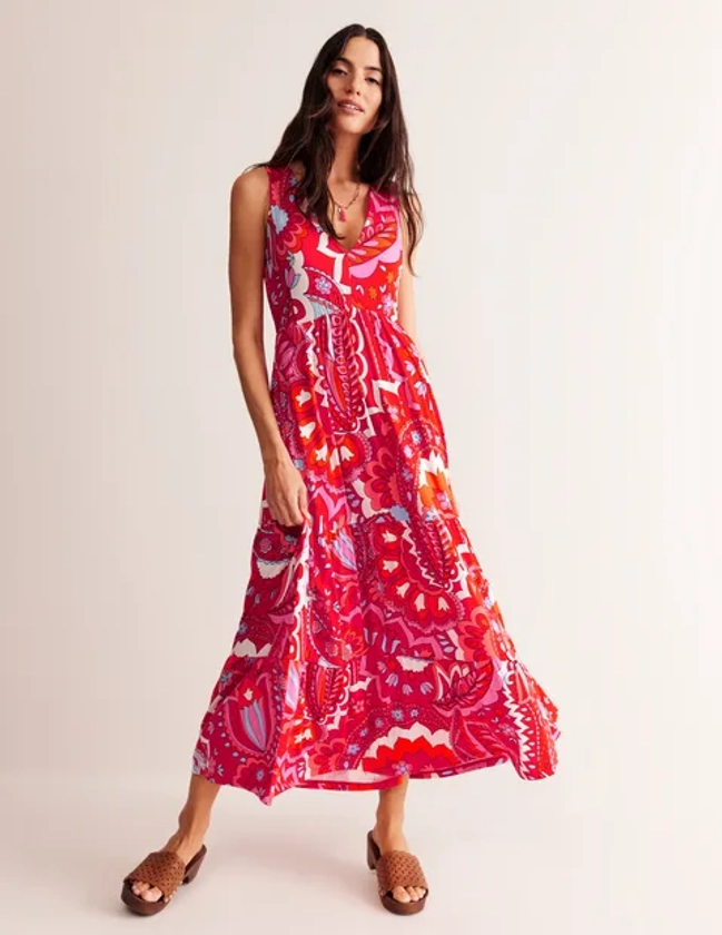 Sylvia Jersey Maxi Tier Dress - Flame Scarlet, Foliage Paisley | Boden US