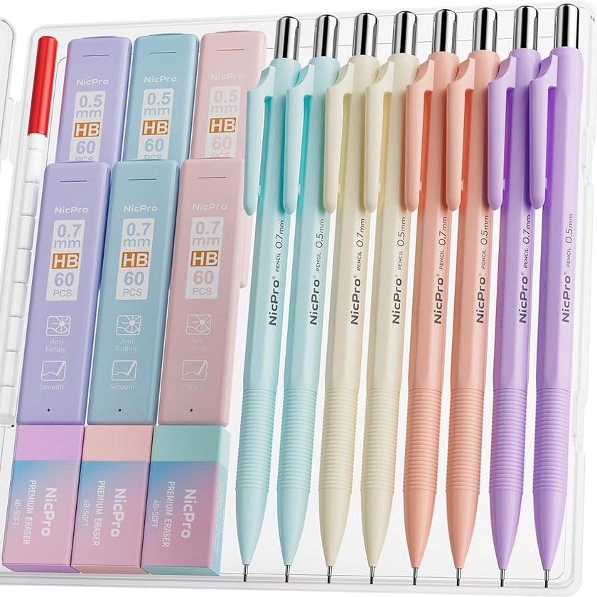 Amazon.com : Nicpro 18PACK Aesthetic Mechanical Pencils Set, Cute Pencils 0.5mm & 0.7mm with 360PCS Lead Refill, Erasers for Student Writing & Drafting & Sketching : Office Products